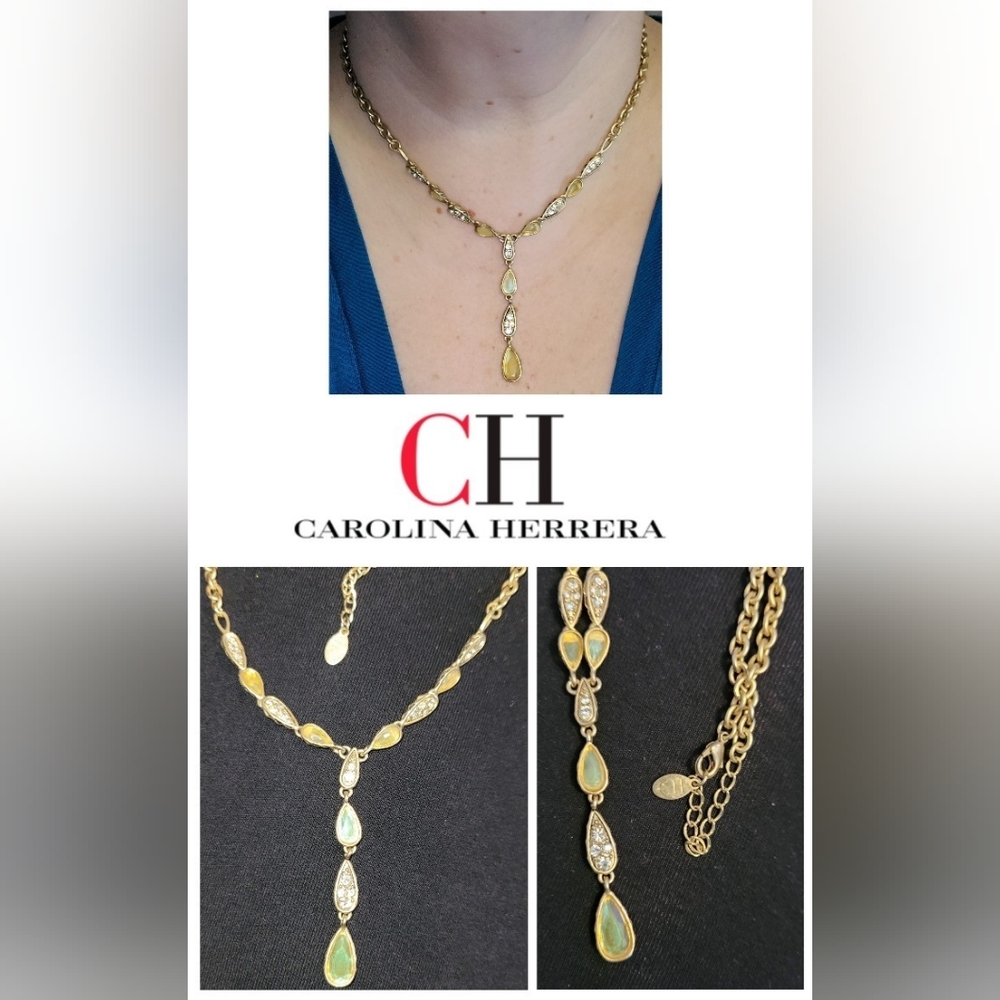 Carolina Herrera Gold Green Yellow MOP Abalone Crystals Chain Lariat Y Necklace